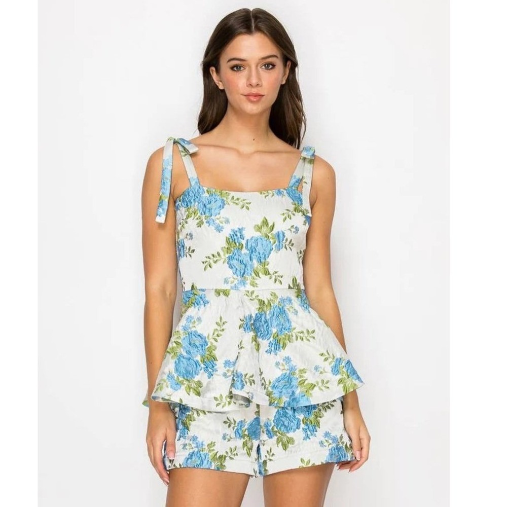 NWT Love Wednesday Blue Flower Romper Jacquard Floral Peplum Tie Shoulder M
